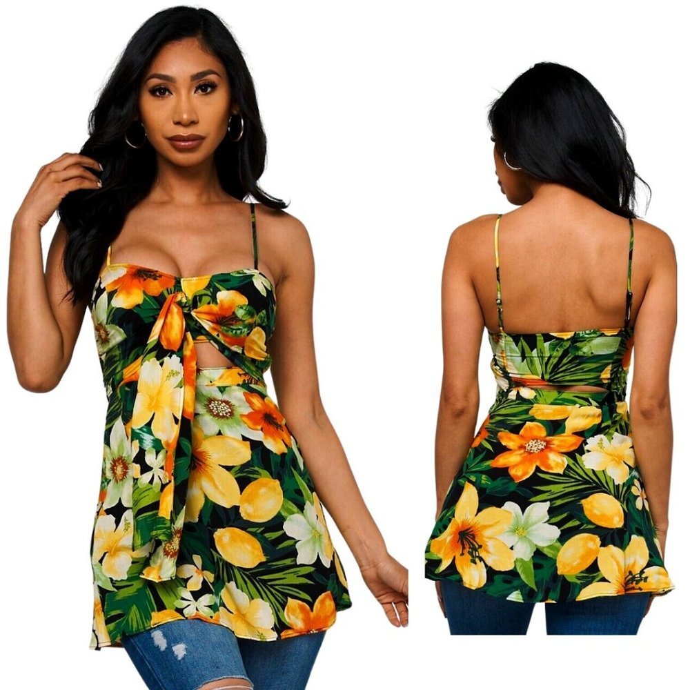 NWT Cut-Out Tie Knot Shirt Top Black Green Yellow Lemon Print Spaghetti Strap